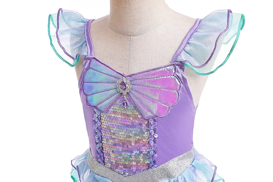 Halloween Costume Mermaid Dress Girl Ruffles Shell Fishtail Frocks Ariel Fantasy Luxury Princess Gown Children Fancy Fairy Dress