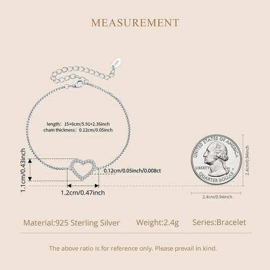 Bracelet en Argent Sterling 925 Cœur Creux Moissanite Réglable Chaîne de Poignet Nœud pour Femme Ado Cadeau d'Amour Minimaliste