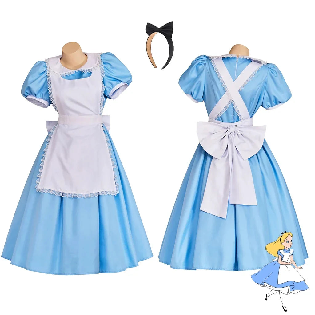 Adult Women Wonderland Alice Lolita Maid Dress With Apron Bow Hair Band Outfits Halloween Party Fancy Alice Costume Dress