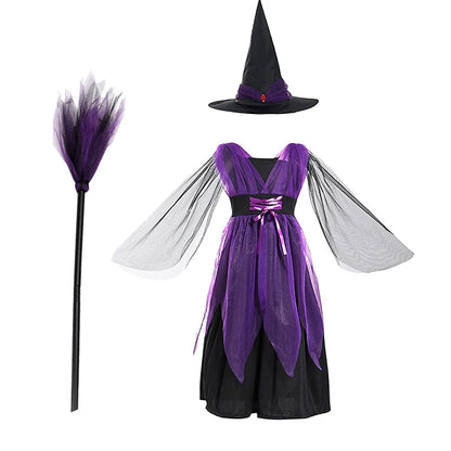 Kids Witch Halloween Costume Witch Cosplay Dress and Magic Hat Set Carnival Party Clothes for Girls Gothic Vampire Costume