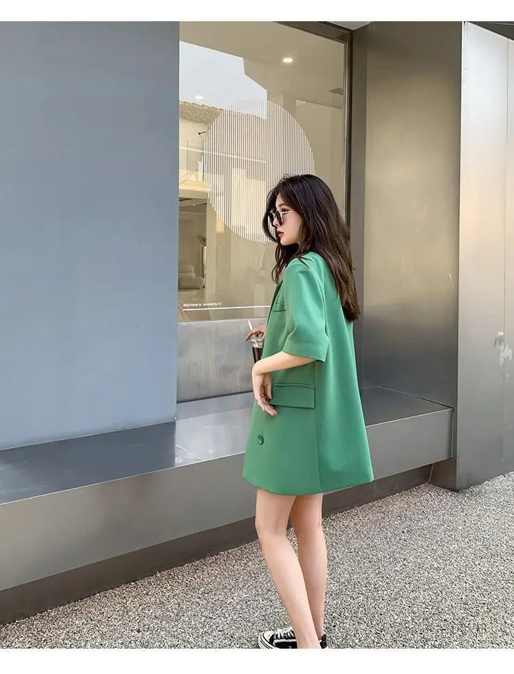 Korean Fashion Loose Thin Blazer Women Spring Autumn New Extra Large Mid Length Short Sleeved Women Coat Casual Outwear