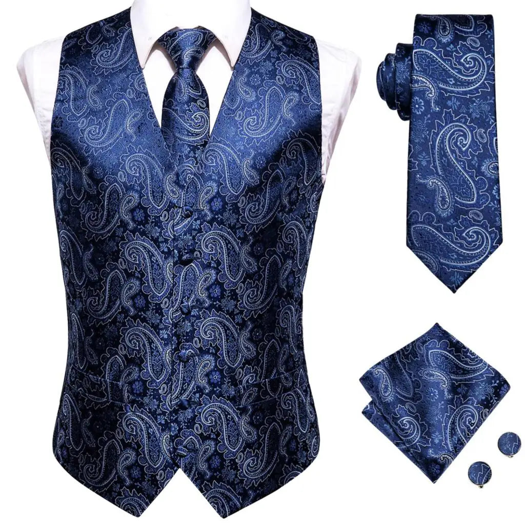 Sky Navy Royal Blue Mens Waistcoat Tie Set Sleeveless Jacket Vest Necktie Hanky Cufflinks Wedding Business Oversized Gift