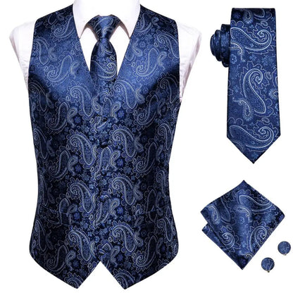 Sky Navy Royal Blue Mens Waistcoat Tie Set Sleeveless Jacket Vest Necktie Hanky Cufflinks Wedding Business Oversized Gift