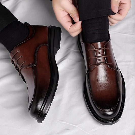 Leather Shoes Men's Four Seasons Business Formal British Casual Commuting Style Black Heightening Wedding Groom's Shoes New