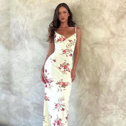 Floral Print Summer Green Dress Womens Fashion Casual Sleeveless V-neck Backless Tunics Bodycon Holiday Beach Dresses Streetwear