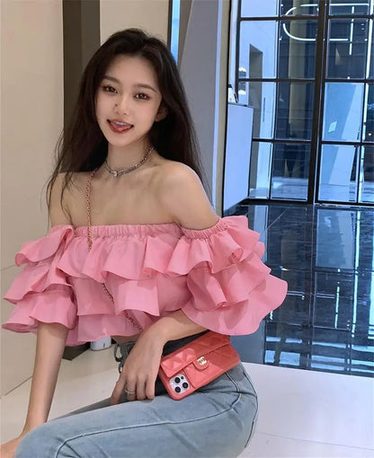 Off Shoulder Fashion Woman Blouse Stacked Ruffles Crop Top Shirt Summer Designer Short Sleeve Chiffon Sexy 2023 New