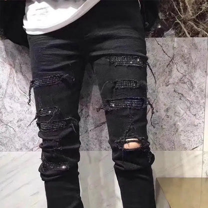 Korean Fashion Jeans Men's Black Ruffian Handsome Trendy Brand Hot Diamond Ripped Beggar Slim Spring Autumn Elastic Casual Pants