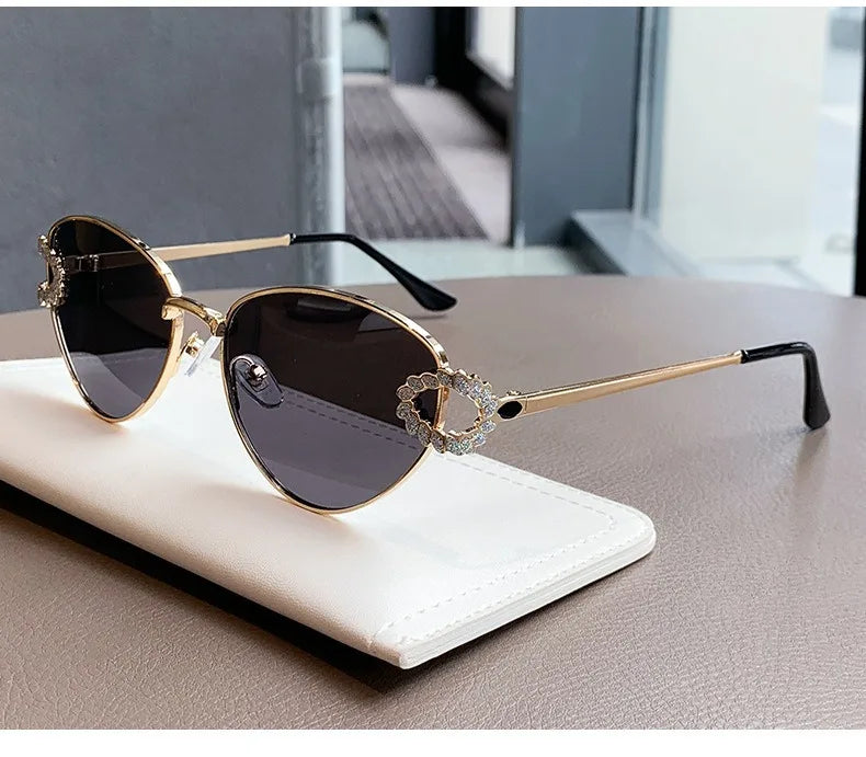 2026 Women Elegant Oval Metal Frame Cat Eye Sunglasses Hollow Rhinestone Wreath Temple UV Protection Gradient Lens Sun Shades