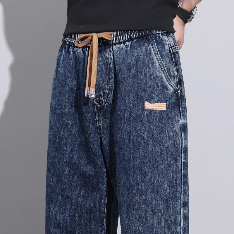 Men Dark Blue Blue Stretch Elastic Waist Denim Pants Streetwear Loose Full Length Trousers Straight Wide Leg Drawstring Jeans