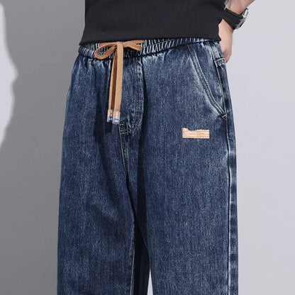 Men Dark Blue Blue Stretch Elastic Waist Denim Pants Streetwear Loose Full Length Trousers Straight Wide Leg Drawstring Jeans