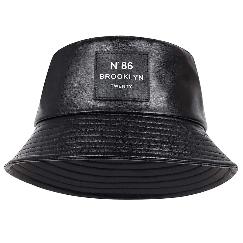 Unisex N86 Label Personality Pu Leather Bucket Hats Fishermen Caps Outdoor Casual Cap Sunscreen Hat