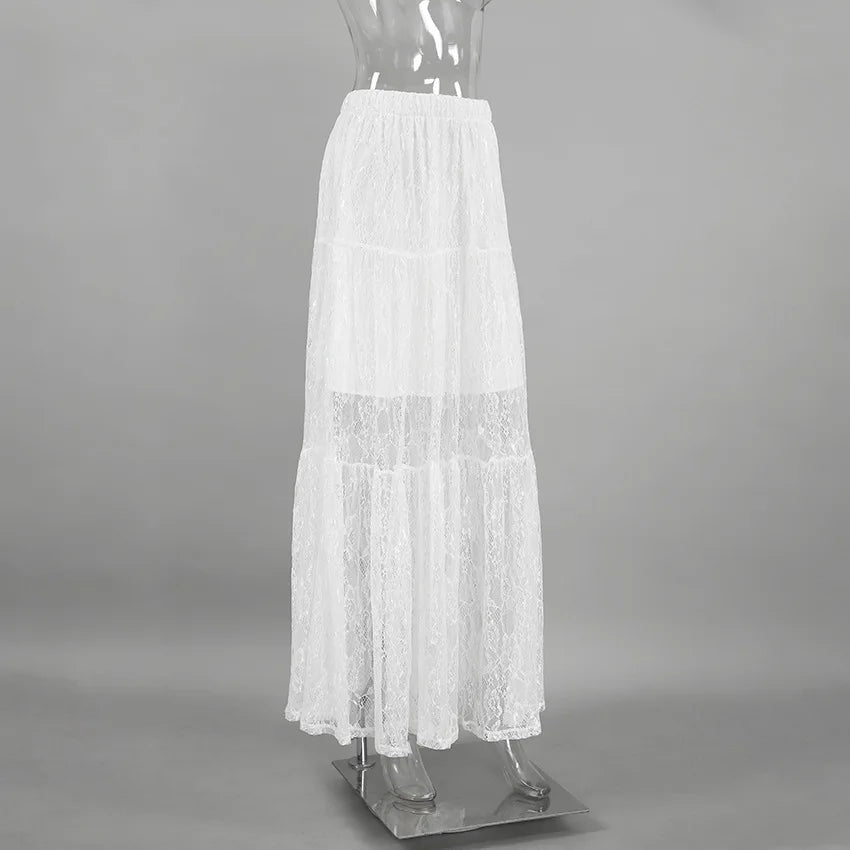 Lace Jacquard Transperant Skirt Women Summer New High Waist Sexy Casual Long Skirts 2025 Streetwear Fashion White Maxi Skirt
