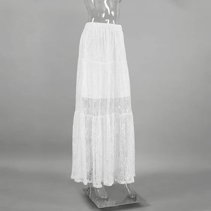 Lace Jacquard Transperant Skirt Women Summer New High Waist Sexy Casual Long Skirts 2025 Streetwear Fashion White Maxi Skirt