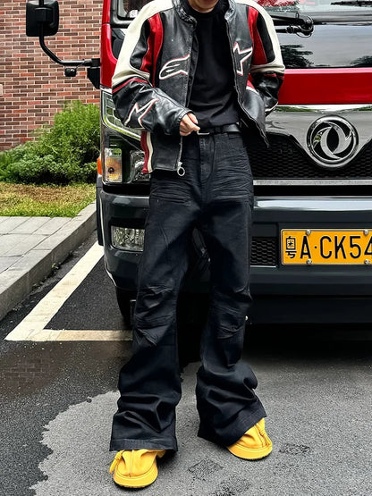 High street coated micro-flare jeans American retro heavy industry men and women black gothic retro casual loose jeans