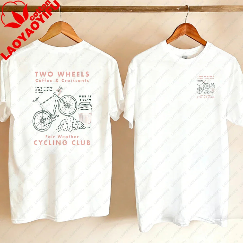 Cycling Club Cropped T-Shirt Hand-Drawn Bike Coffee & Croissants Graphic T Shirts Oversized T Shirt High Quality Cotton Tops Tee