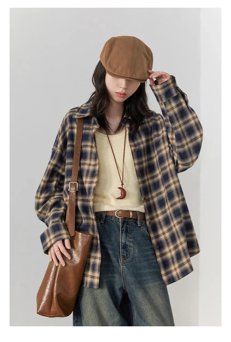 Women Shirts Loose Casual New Sanding Plaid Shirt Long Sleeve Medium Long Length Blouses Female Tops Spring Autumn 2025