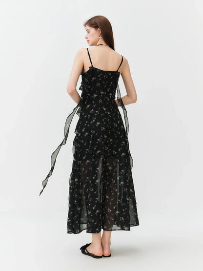 Summer Women Floral Print Ruffle Tiered Maxi Dress Adjustable Spaghetti Strap A-Line Long Dress Coquette Romantic Style