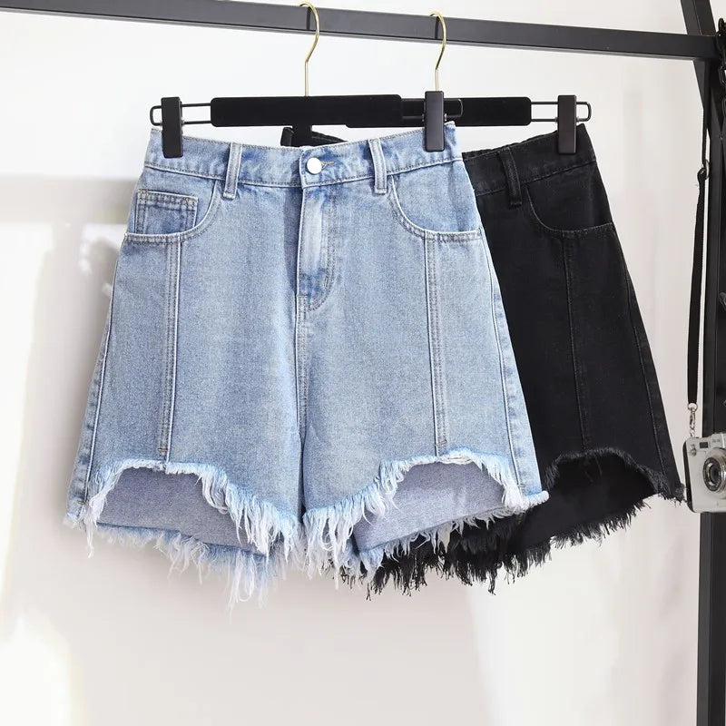 Summer High-waisted Denim Shorts Women Fur-trimmed Zipper Pocket 7XL Jeans Casual Fashion Loose Patchwork Short Pants