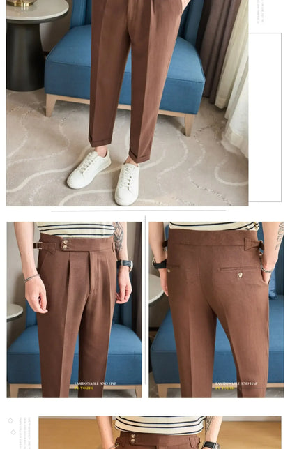 British Style Naples Men's High-end Linen Pants High Waist Straight Slim Fit Casual Trousers High Quality Solid Social Suit Pant