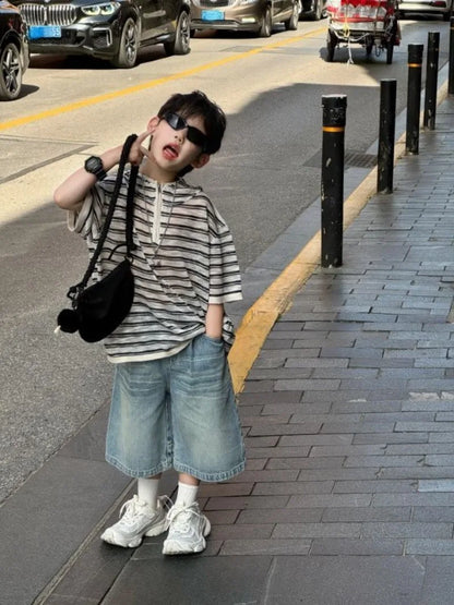 2025 Summer New Boys' Korean Casual Hooded Short Sleeve T-Shirt Loose Trendy Kids' Sportswear Outfit