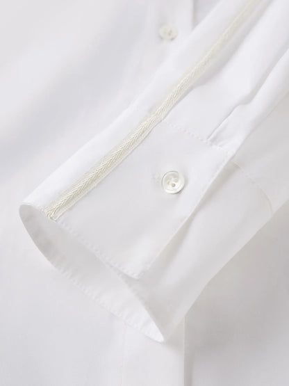 Women's French Loose Fit Cotton Shirt Long Sleeve Layering Top with Web Strap Detail Casual Oversized Blouse