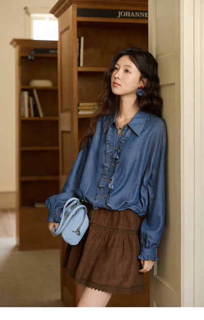 Blue Lyocell Imitation Denim Shirt for Women Autumn 2025 Ruffled Placket Contrasting Button Waist Cinc Shirt MXE43C2386