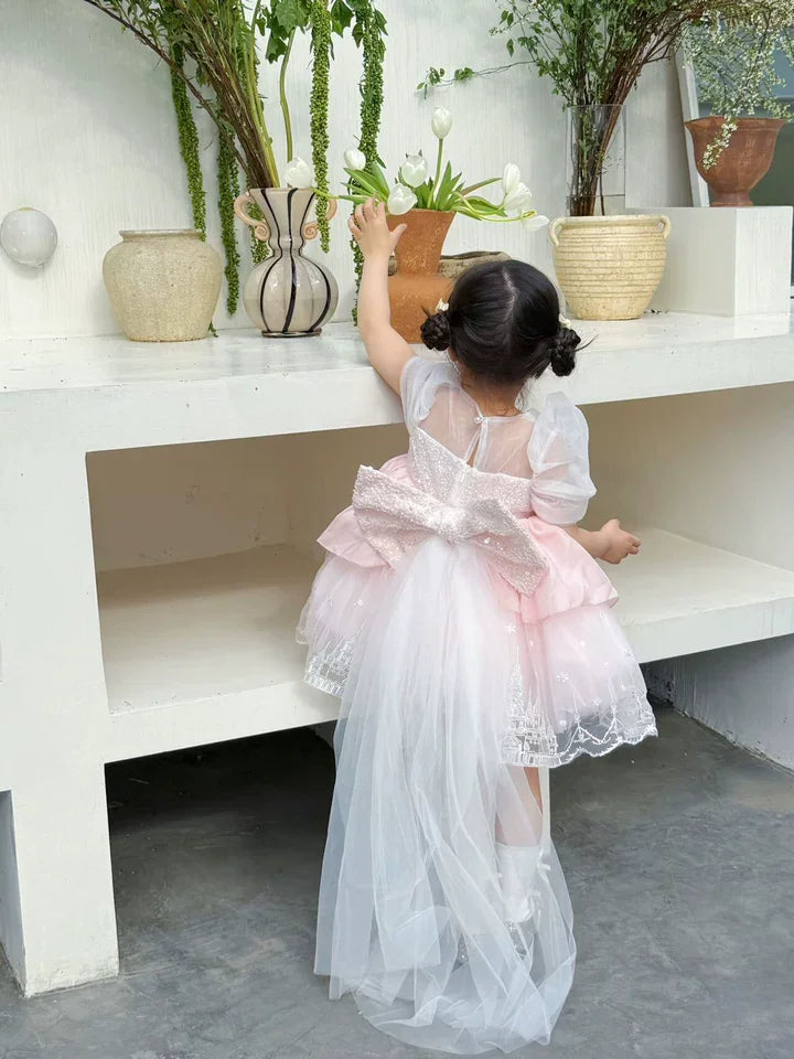 Sweet Baby Girls Princess Lolita Dress Kids 2026 New Summer Fashion Sequined Tulle Embroidery Puff Sleeve Performance Tutu Dress