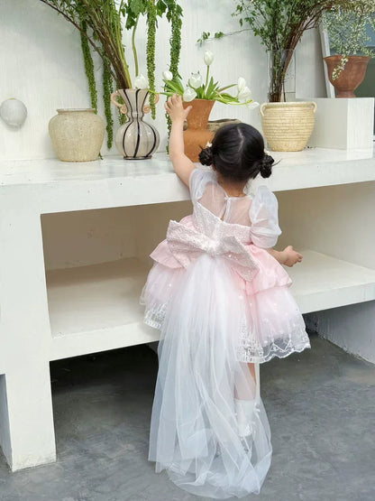 Sweet Baby Girls Princess Lolita Dress Kids 2026 New Summer Fashion Sequined Tulle Embroidery Puff Sleeve Performance Tutu Dress