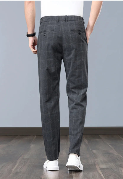 Summer Thin Plaid Formal Stretch Pants Men Slim Business Grey Black Casual Pant Fashion Male Clothing England Trousers