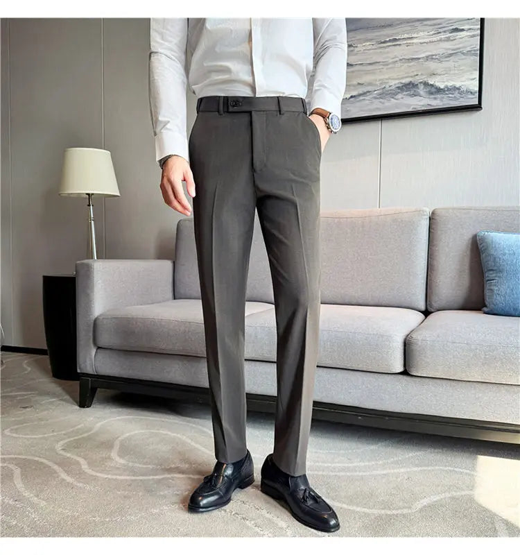 High Quality Pinstripe Slim Fit Suit Pant Men Stretchable Elastic Waist Slim Fit Business Social Wedding Party Casual Trousers