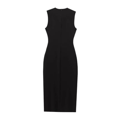 Female Summer Elegant Midi Dress O-Neck Hem Slit With Belt Sleeveless Single Breasted Back Zipper Fashion Long Dress