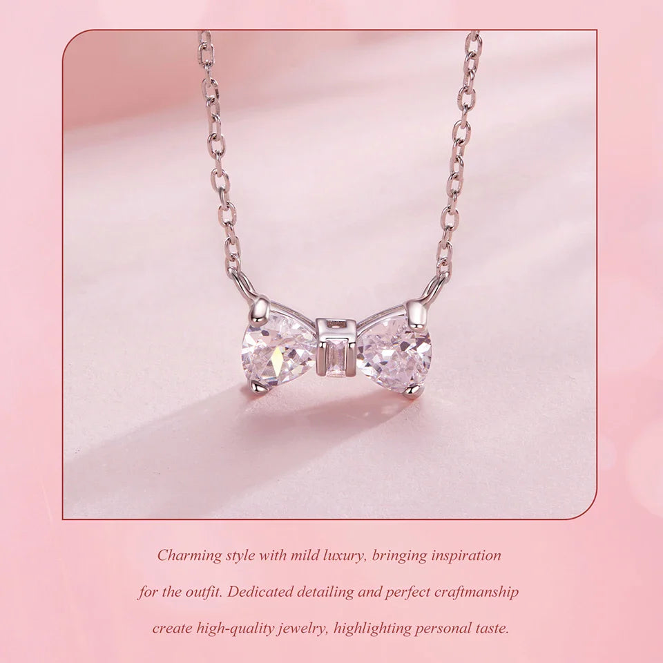 925 Sterling Silver Full Zircons Bow Pendant Necklace Sweet Bowknot Link Chain for Women Girls Birthday Gift Fine Jewelry