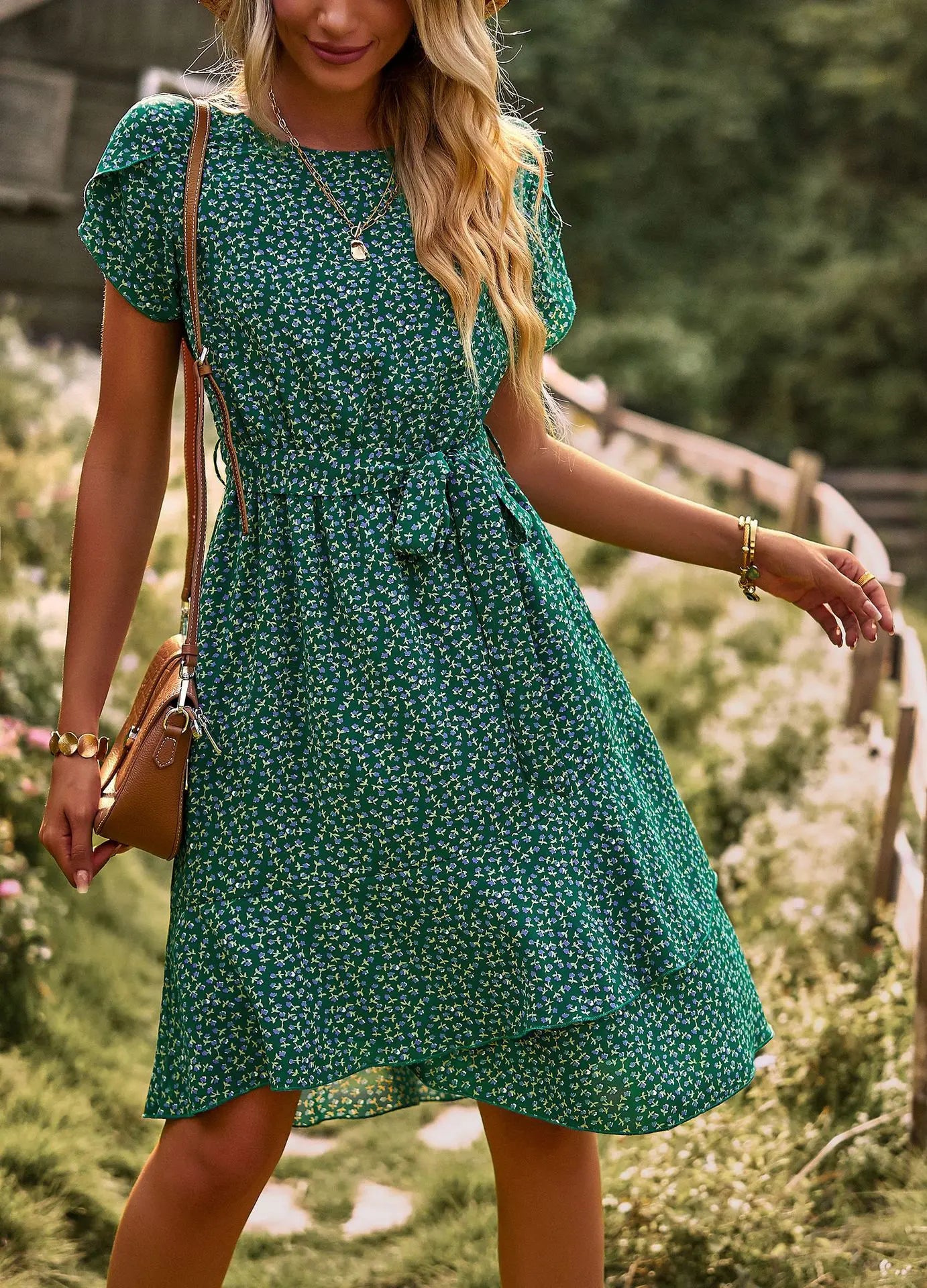 Summer O Neck Casual Printd Women Strap High Waist Pleated Floral Dress