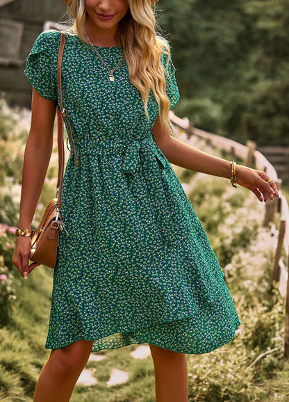 Summer O Neck Casual Printd Women Strap High Waist Pleated Floral Dress