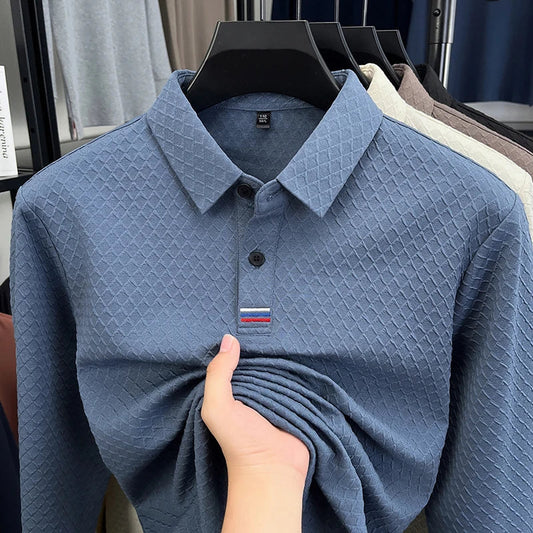 High quality fashion long sleeve polo shirt men's autumn new brand striped jacquard design Korean casual luxury lapel T-shirt