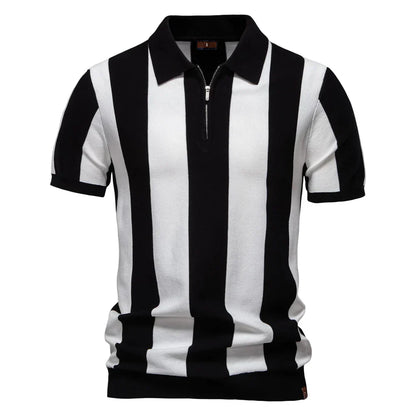 2025 New Summer Men's Breathable Striped Contrast Panel Polo Shirt - Casual Short Sleeve Knit Shirt with Comfort Fit