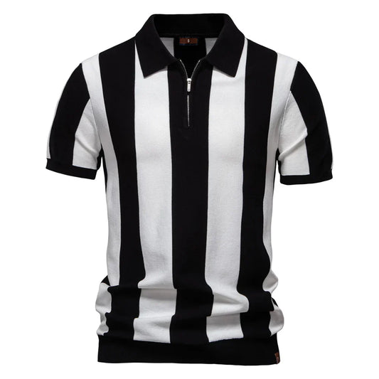 2025 New Summer Men's Breathable Striped Contrast Panel Polo Shirt - Casual Short Sleeve Knit Shirt with Comfort Fit