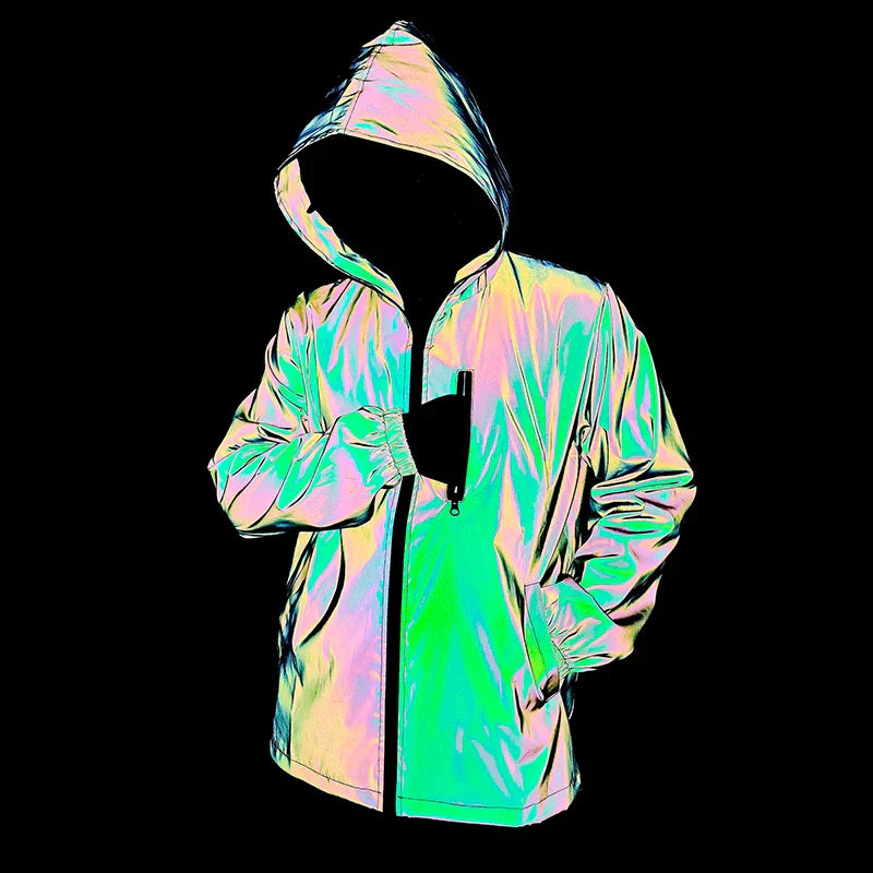 Men's Night Reflective Windproof Hooded Jacket Hip-hop Streetwear Couple Trend Coat for Outdoor Cycling Jogging Safety Clothing