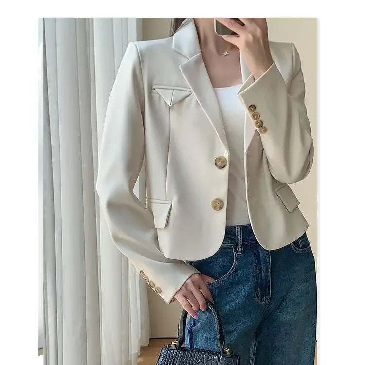 Korean Style Women Blazers Cropped New Autumn Solid Gentle Basic Defined Overcoats Harajuku Leisure Notched Fashion All-match