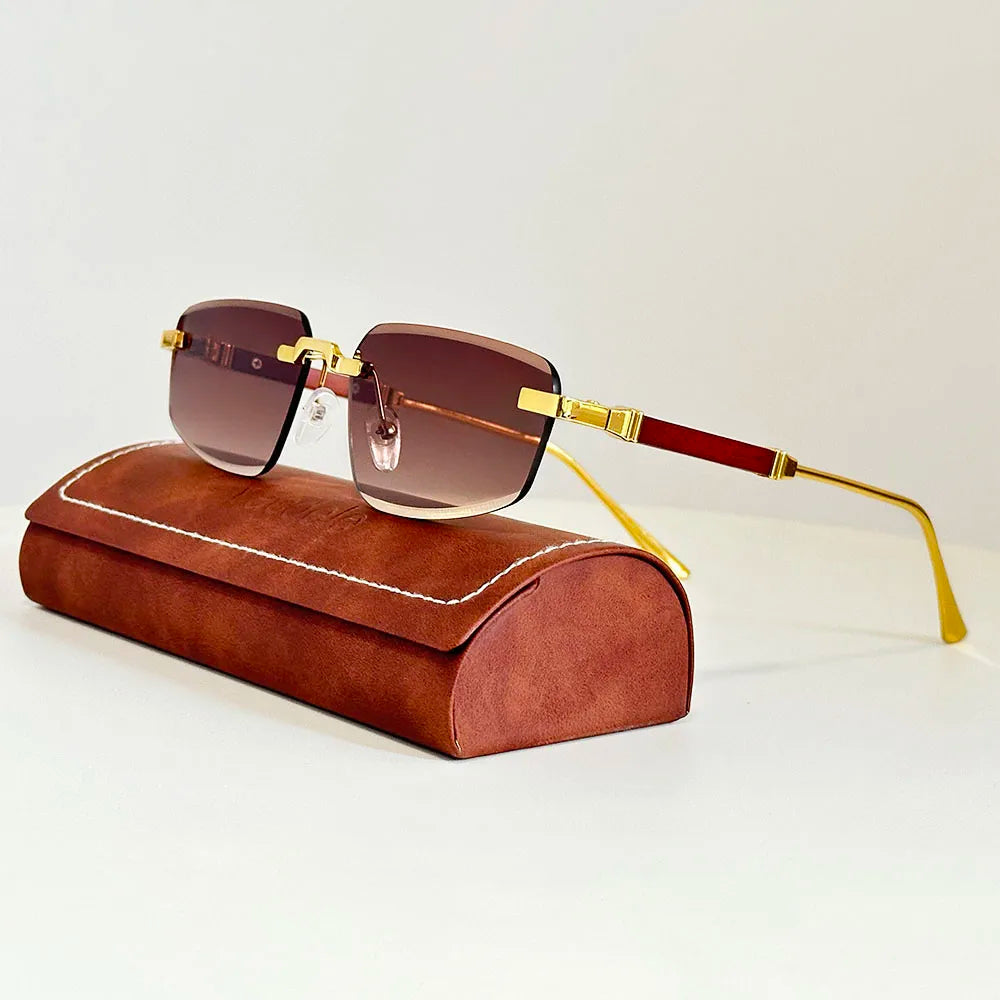 2026 Wooden Rimless Sunglasses Women Trendy Sunscreen Vintage Sunglass Men Vacation Fashion Glasses Lentes De Sol Mujer Okulary