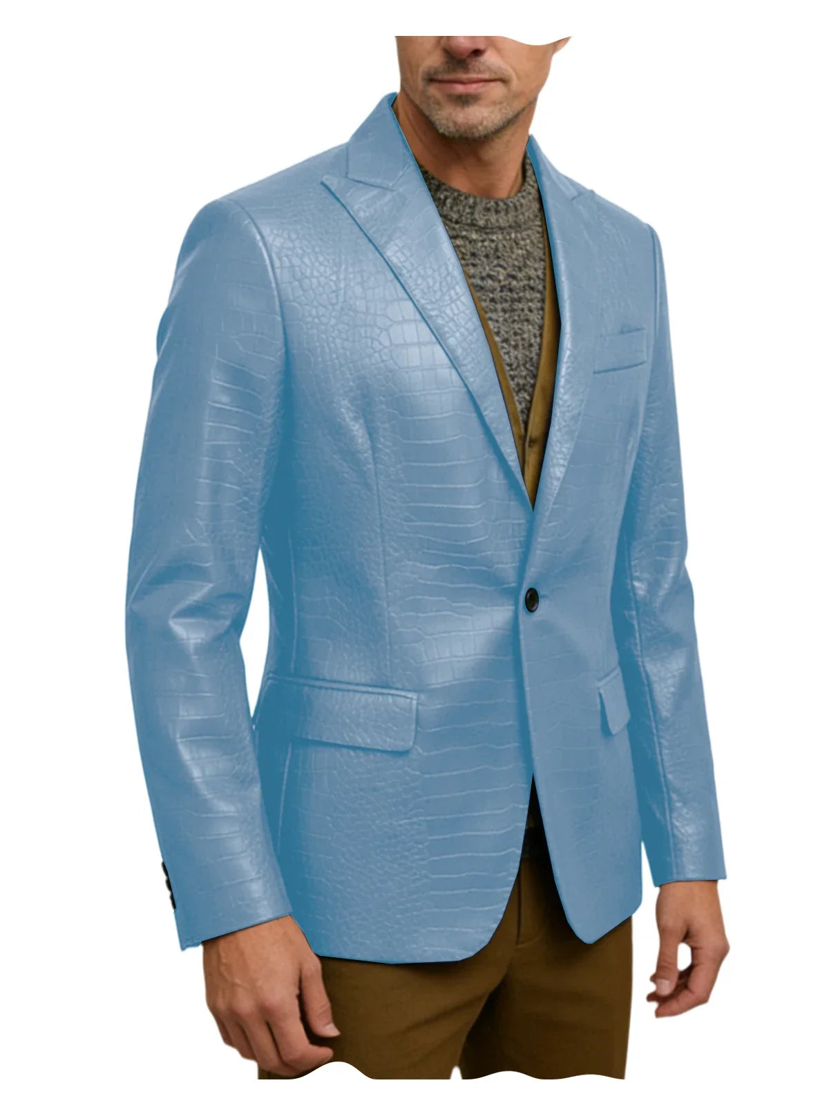 Vintage Men's Crocodile Embossed Leather Blazer Notch Lapel 1 Button Jacket Business Casual Formal Luxury Coat With Flap Pockets