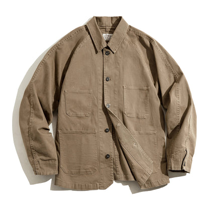 Heavyweight Twill Fabric Four-pocket Chore Coat for Men Khaki Color Turn-down Collar Utility Jacket Male Autumn Jackets