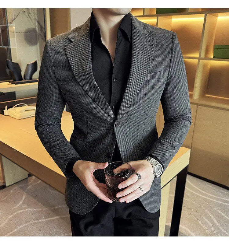 Korean Vintage Elegant Men's Business Slim Fit Suit Jacket 2026 New Fashion Lapel Single Breasted Men Social Party Dress Coats