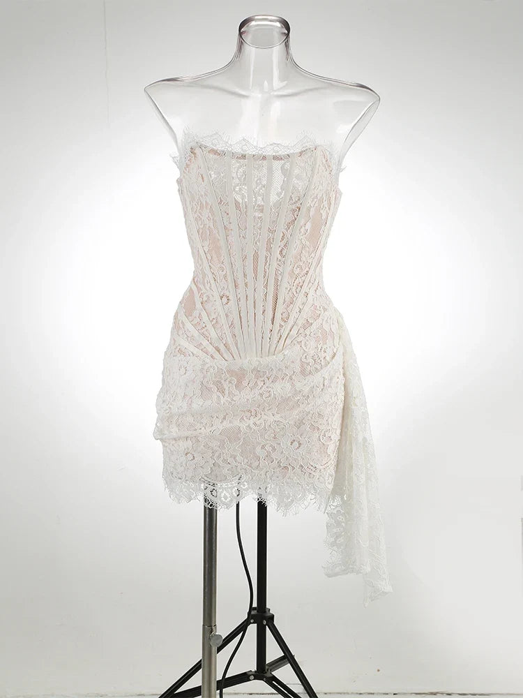 Christmas Dress For Women Red Lace Sexy Strapless Sleeveless Slim Supper Short Dress With Lace-Up