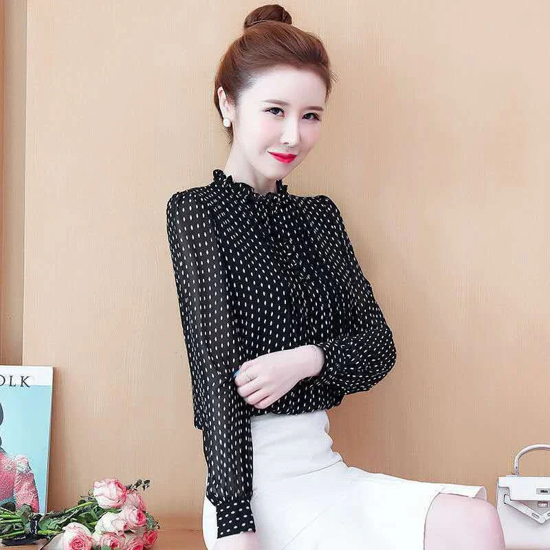 Women Spring Autumn Style Chiffon Blouses Shirts Lady Casual Long Sleeve O-Neck Polka Dot Printed Chiffon Blusas Tops DD8879