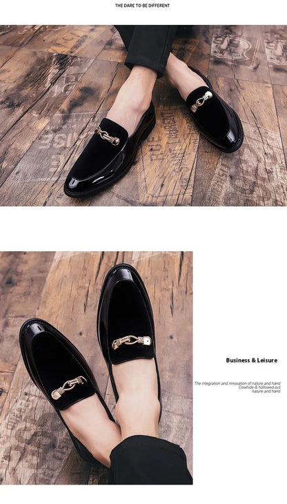 Lightweight Metal Trim Retro British Style Small Leather Shoes Pointed Leather Matching Color Slip-On Loafers for Men