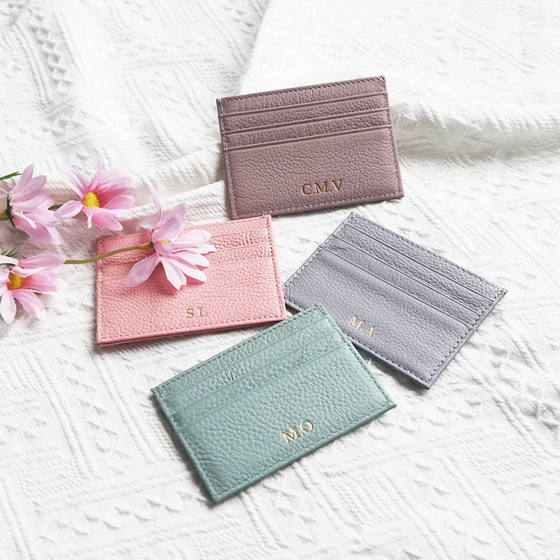 Porte-cartes en cuir de vachette avec logo personnalisé pour femme et homme, sac à cartes fin en cuir véritable, gravure du nom, portefeuille de luxe décontracté