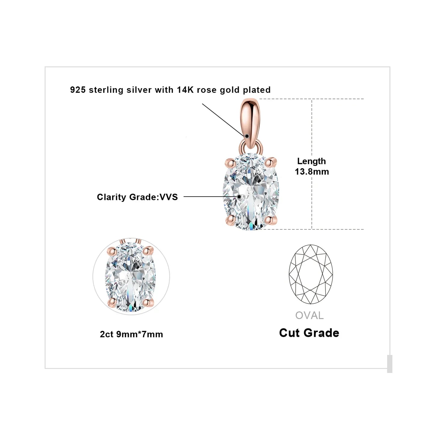 Moissanite D Color 1ct 2ct Oval S925 Sterling Silver Pendant Necklace for Woman No Chain Yellow Rose Gold Plated