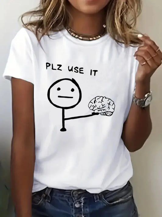 Funny T-shirt Humorous "PLZ USE IT"  Brain Print Short Sleeve T Shirt Clothing Top Tee Summer Ladies Girls Shirt
