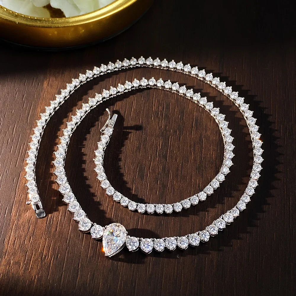 GRA Certified Moissanite Tennis Necklace with 4ct Pear Cut Pandent Solid 925 Silver Wedding Tennis Necklaces for Women